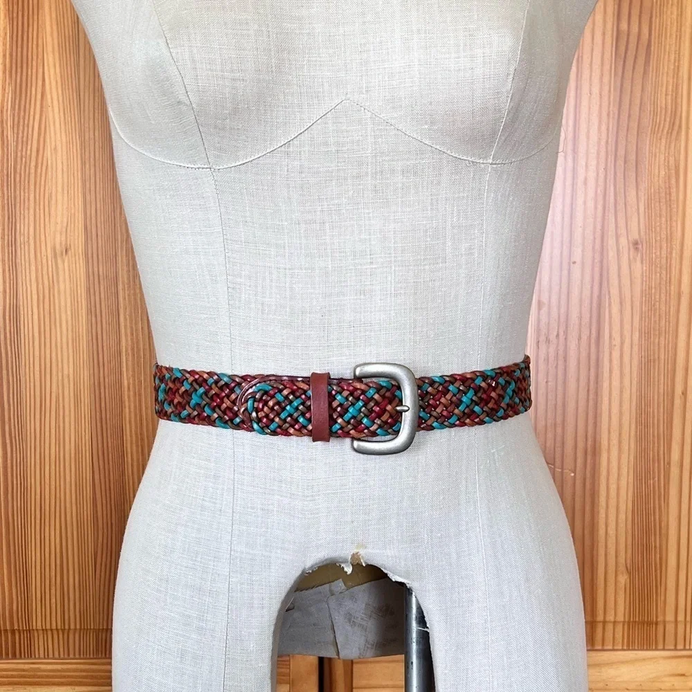 Fossil Genuine Leather Woven Braided Brown Turquoise Red Belt Casual Western